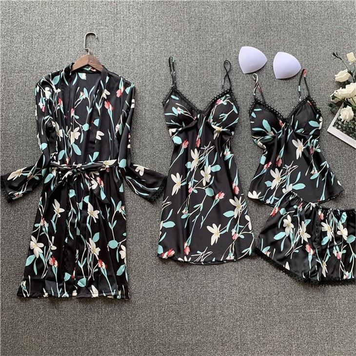 Women Silk Floral Print Sexy Night Dress Gown Set
