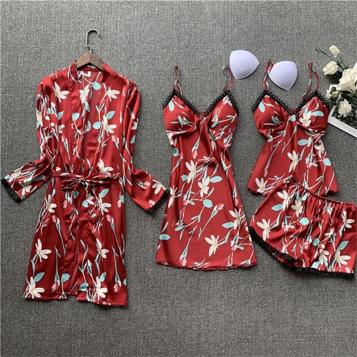 Women Silk Floral Print Sexy Night Dress Gown Set